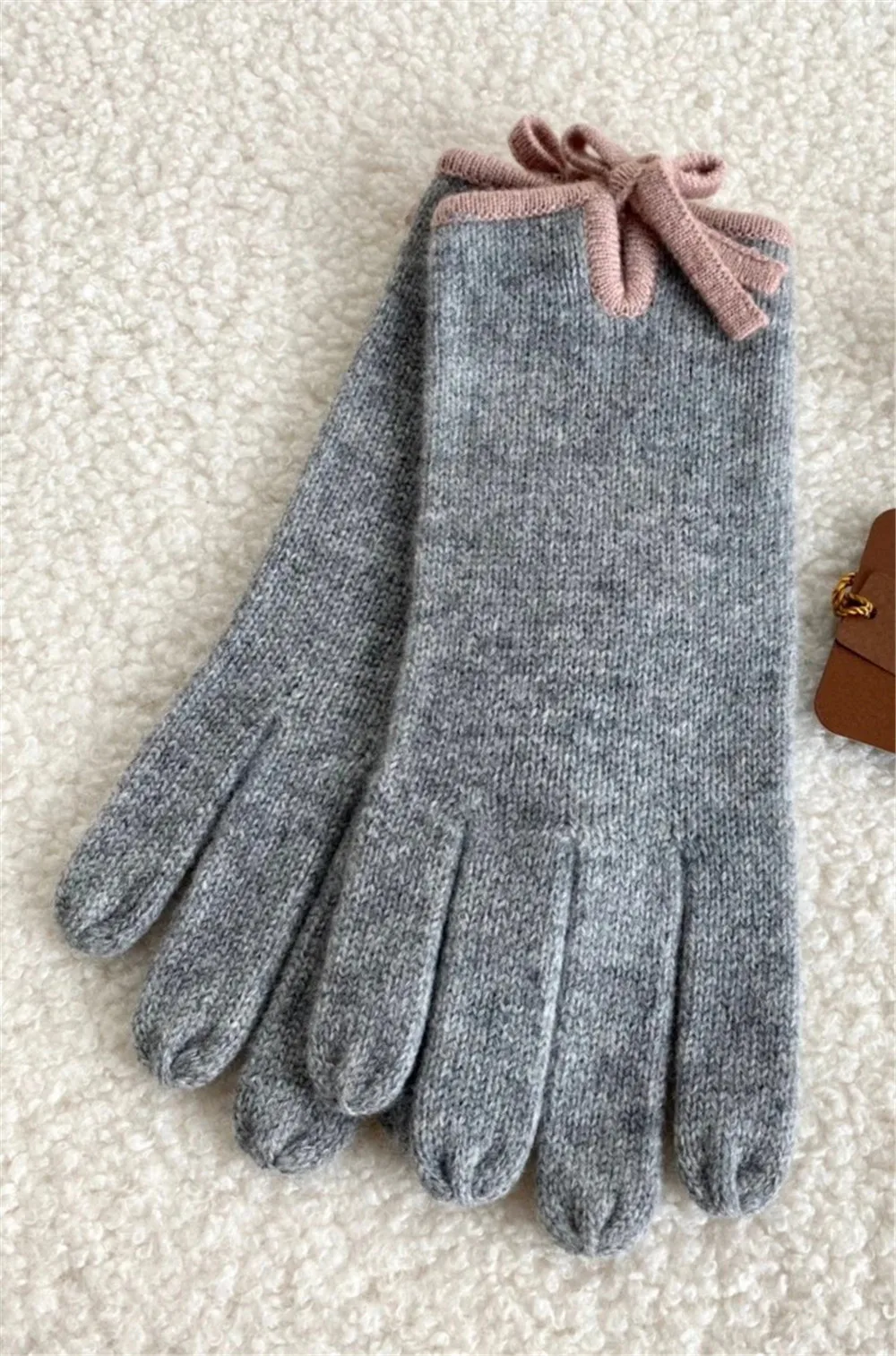 Guantes 100% de punto de cachemira con lazo, manoplas cálidas al aire libre de invierno para mujer