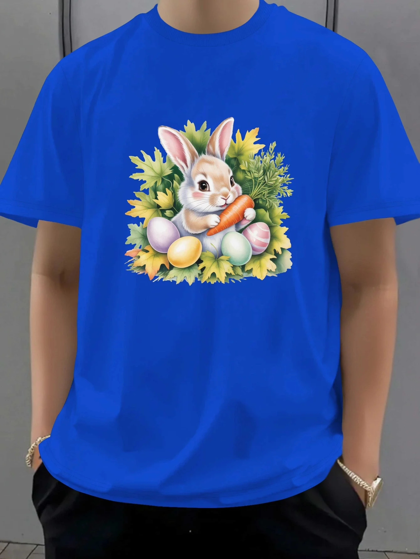 

Мужская футболка с рисунком пасхального кролика, моркови, яйца, мягкая хлопковая повседневная весенняя футболка с круглым вырезом