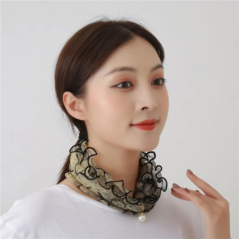 Fashion Lace Variety Scarf Necklace Creative Fake Pearl Pendant Scarf Elegant Loop Scarf For Women Clothing Accessories