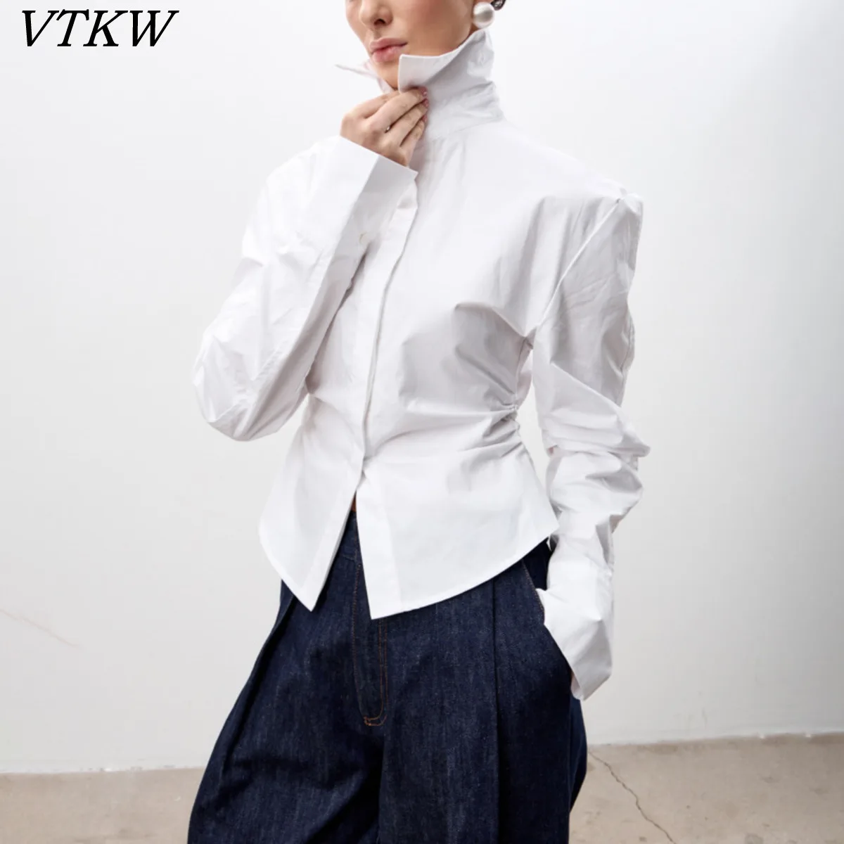

VTKW 2026 New Women Elegant Blazer Stand Collar Puffed Long Sleeve Ruched Waist Solid Color Office Wear Outerwear