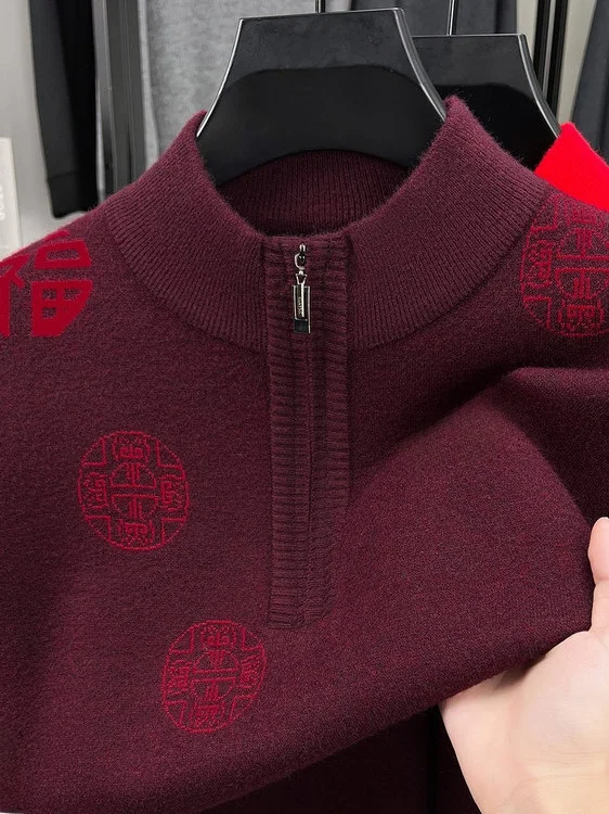 

Красный вязаный свитер на молнии круглой Ne пуловер для мужчин Busin Casual Sle осень-зима Faion Ci Life полиэфирное волокно