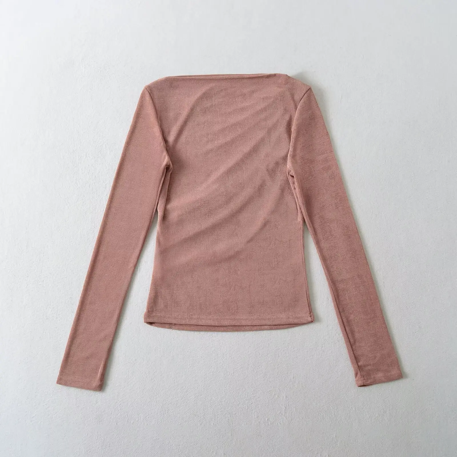 تي شيرت نسائي طويل Sve مستدير من Faionable H2084 مع طيات صدر متعددة الاستخدامات من البوليستر بلون نقي