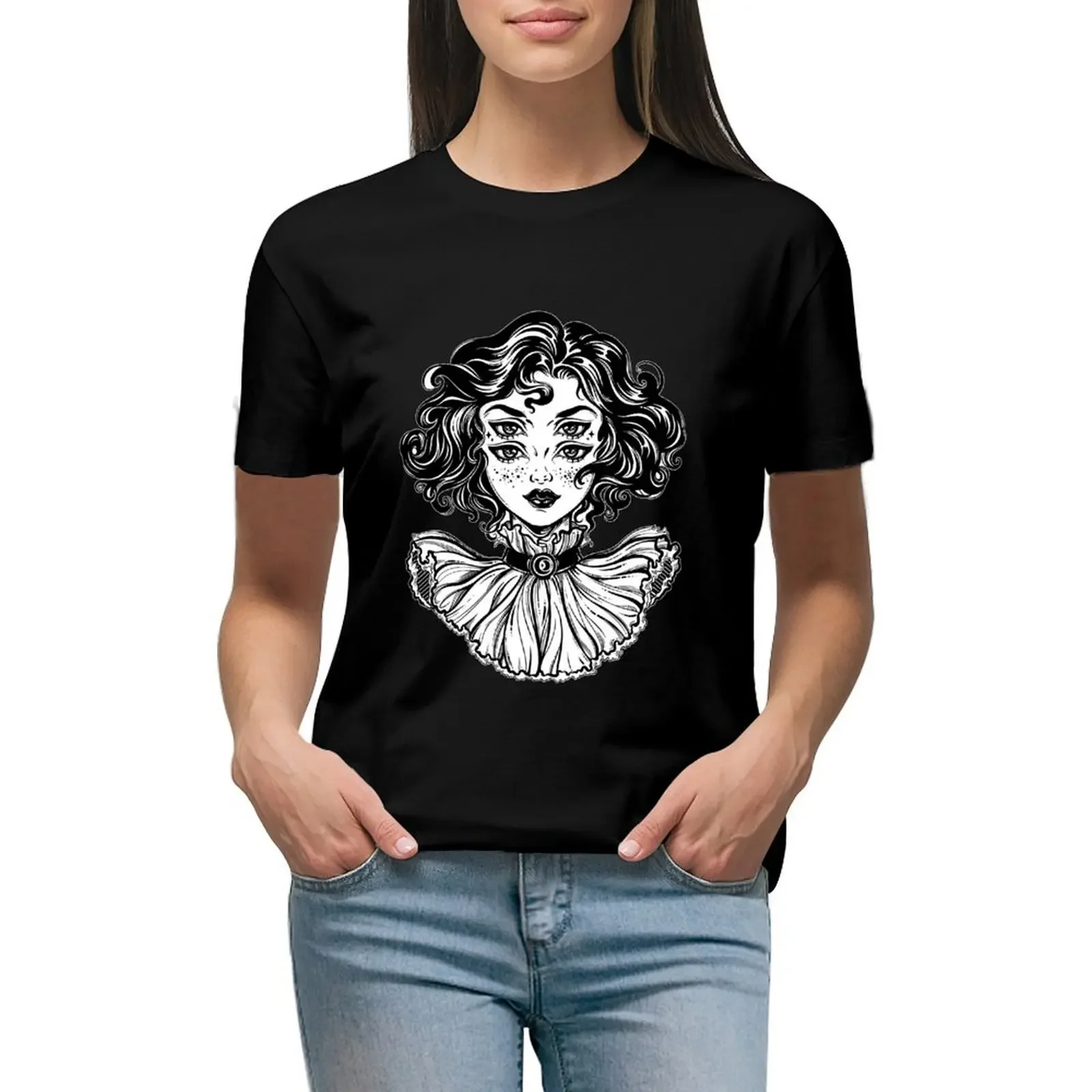 

Gothic witch girl head portrait with curly hair and four eyes. T-Shirt vintage clothes sublime rock and roll t shirts for Women