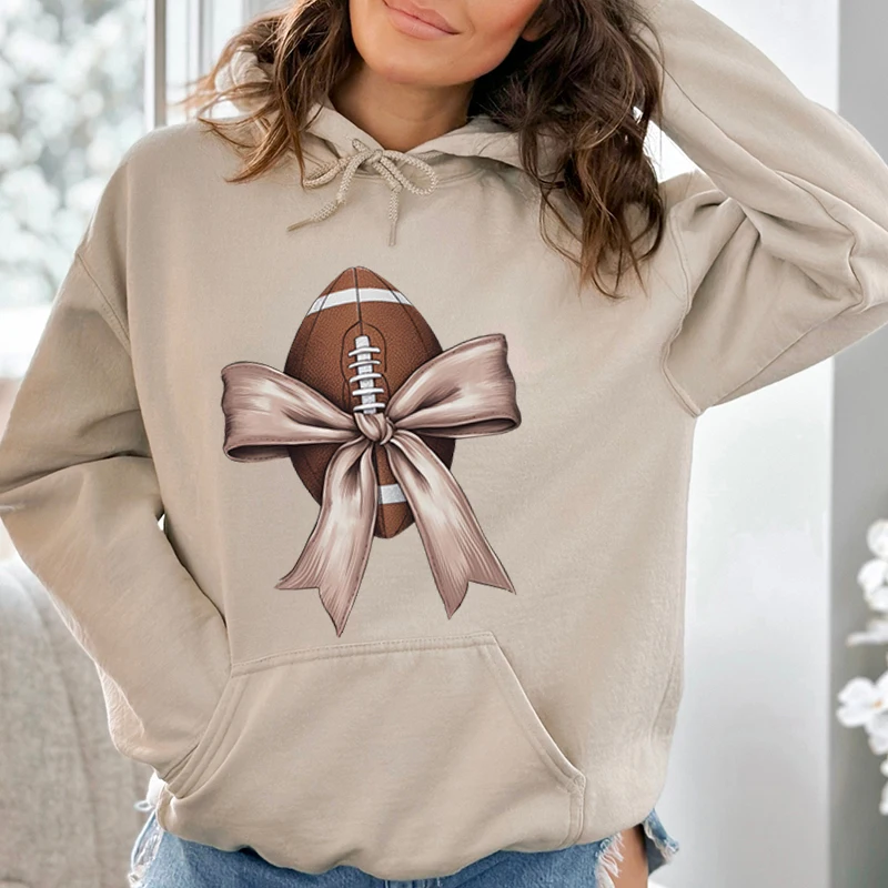 

Fall Football Bow Print Hoodies Autumn And Winter Women Fashion Casual Sweatshirt Hoodie Round Neck Solid Color Long Sleeve Tops