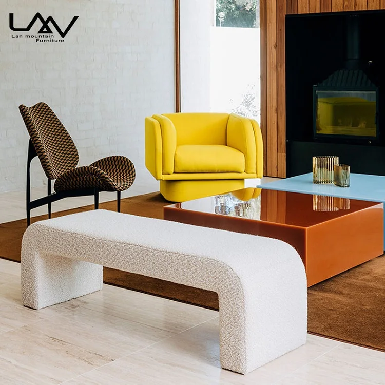 Modern Living Room Arched Teddy Sofa Bench Shoe Stool Bedroom Modern Fabric Bed End Stool Ottoman Furniture