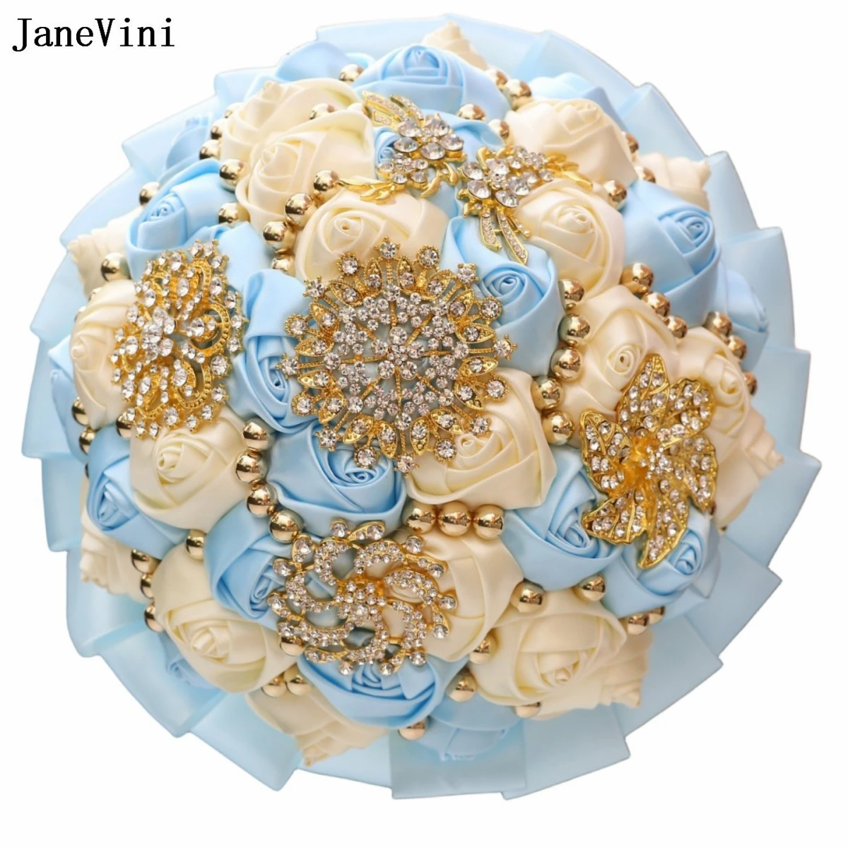 

JaneVini Luxury Light Blue Flowers Bridal Bouquets Gold Rhinestones Pearls Artificial Satin Roses Jewelry Wedding Brooch Bouquet