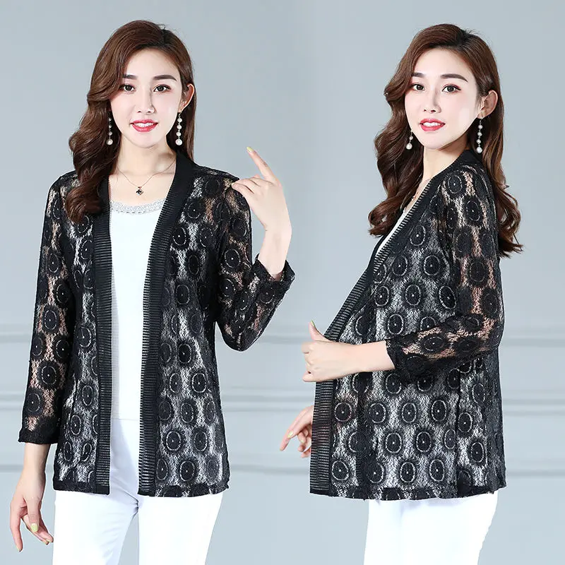 5XL Spring Summer Women Cardigan Long Sleeve Female Cardigans  Lace Jacket Ladies Shawl Outerwear Clothing E128