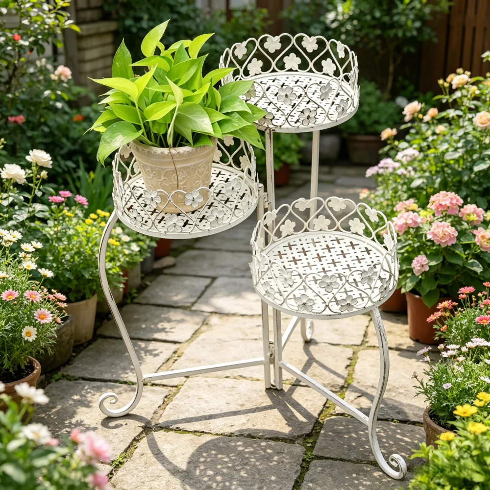 European wrought iron three baskets folding cute flower stand flower pot stand shelf shelf floor-to-ceiling outdoor courtyard