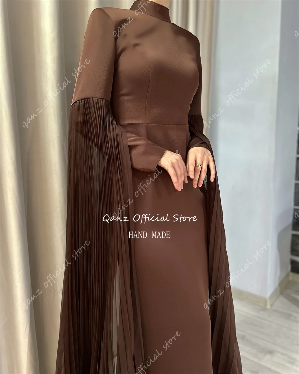 Qanz Classical Brown Evening Dresses Cape Sleeves Satin Vestidos De Fiestas Elegantes Customized Mujer Long Prom Dresses