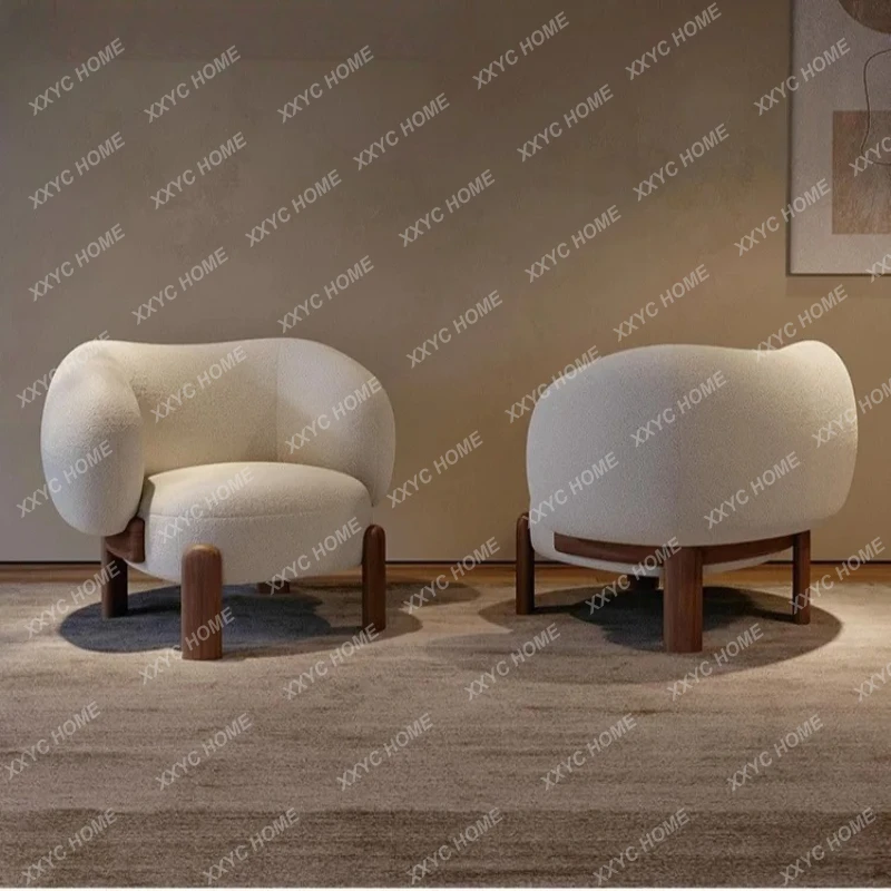 LLamb wool solid wood single sofa chair retro backrest home living room fabric leisure chair