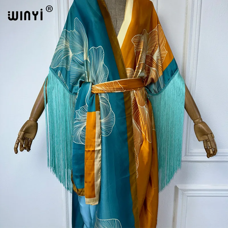 Letnia sukienka WINYI kimono boho beachwear Africa kardigan artystyczny nadruk osłona do Bikini seksowna wakacyjna sukienka z frędzlami z długim