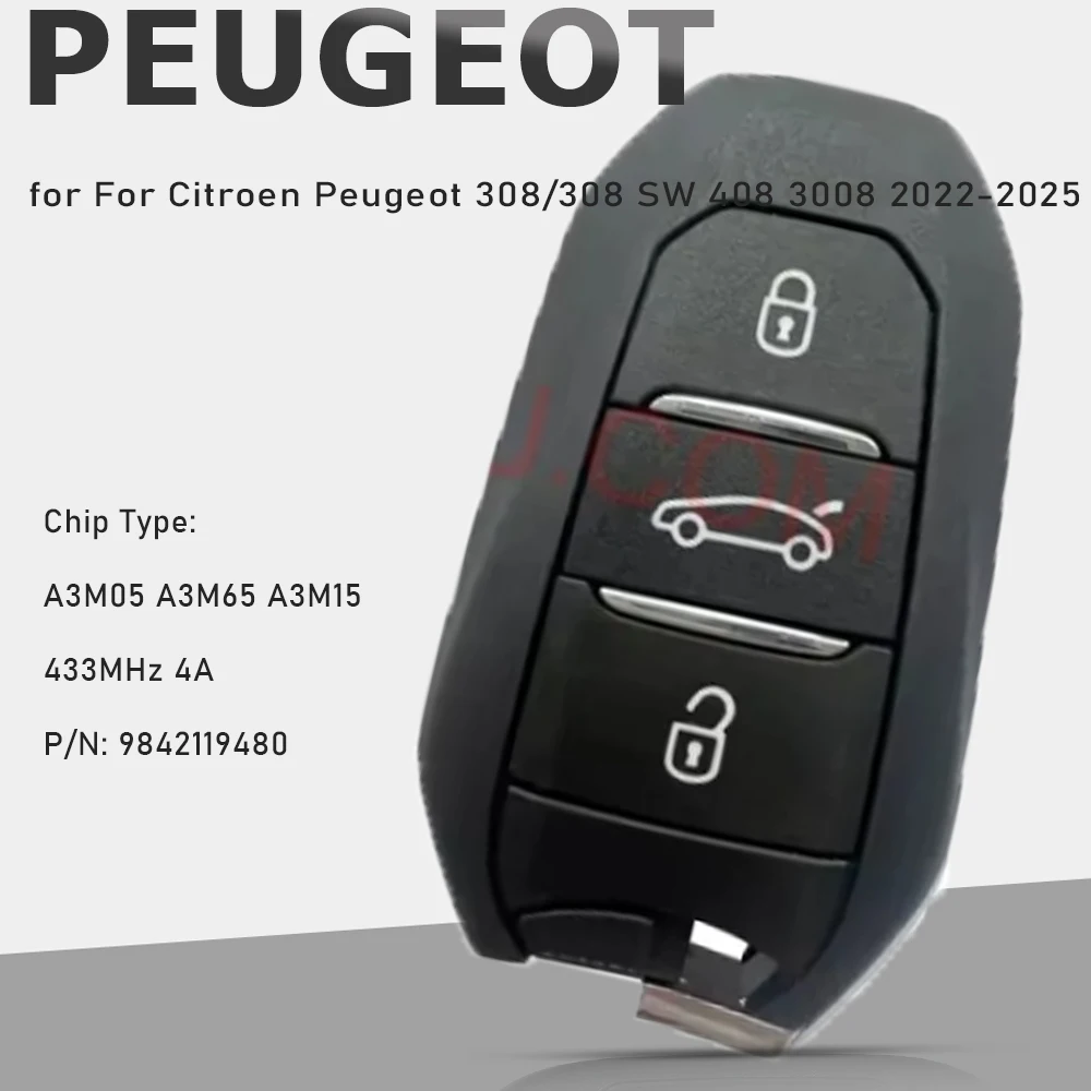 Keyecu aftermarket chave inteligente fob a3m05 a3m65 a3m15 4a 433mhz 9842119480 para citroen peugeot 308/308 sw 408 3008 2022-2025