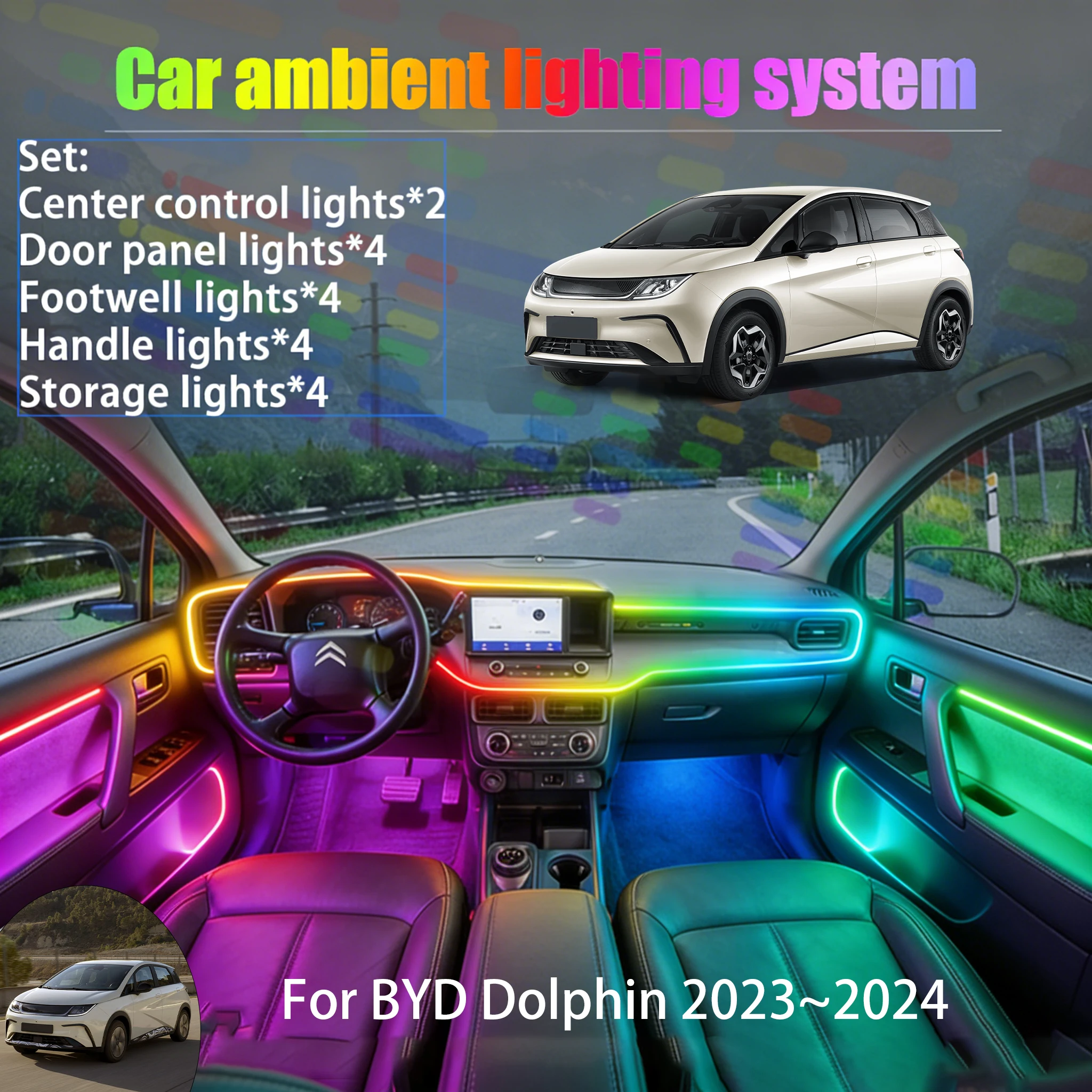 

Для BYD Dolphin 2023~2024: Комплект светодиодной подсветки салона и багажника (2/18 шт.) с USB RGB-подключением, эффект «бегущей строки», автозапчасти