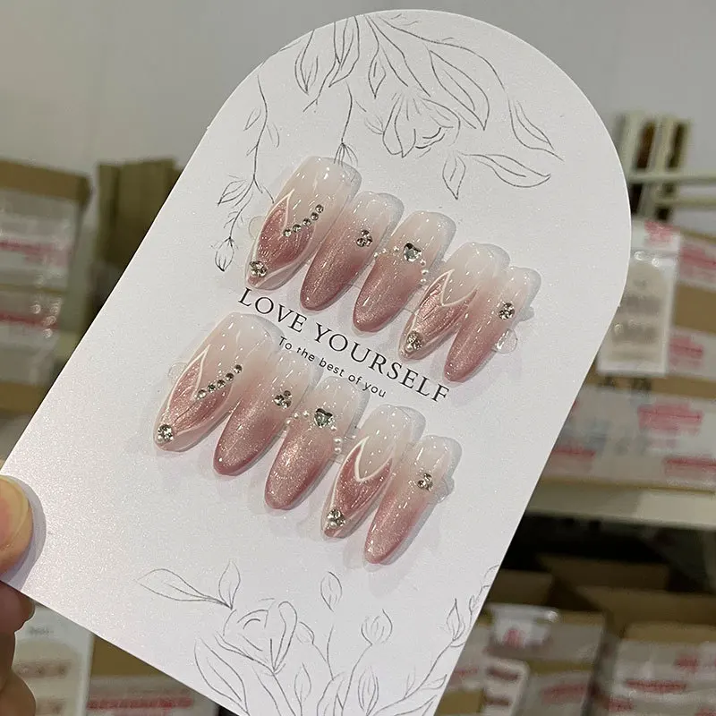 10 Stuks Glitter Handgemaakte Pers Op Nagels Volledige Dekking Zeemeermin 'S Staart Ontwerp Franse Ballerina Valse Nagels Draagbare Manicure Nagel Tips