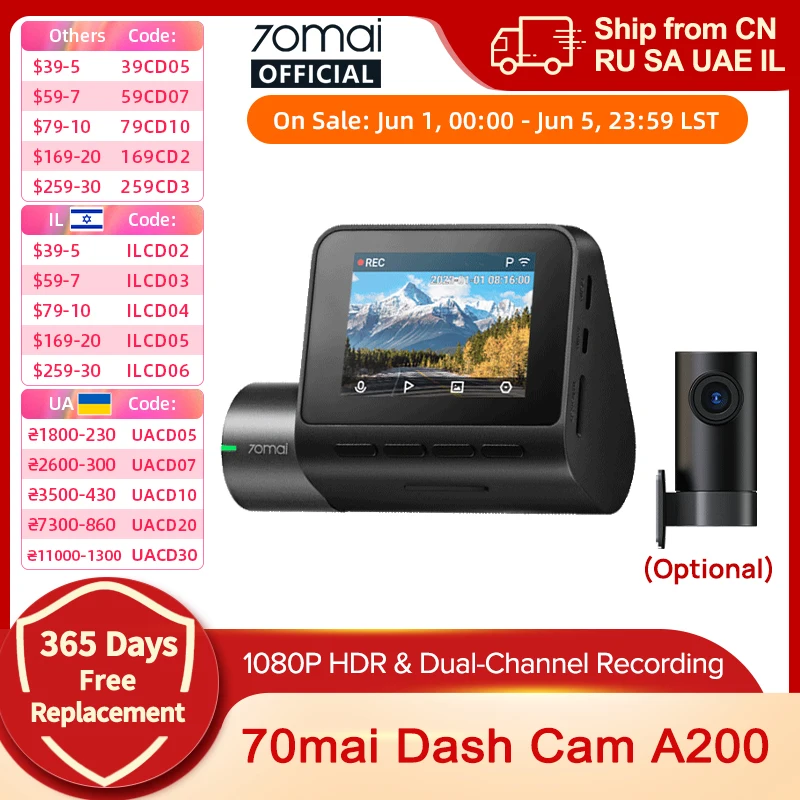 Global 70mai Dash Cam A200 Dual-kanal Rekord 1080P HDR 2'' IPS Bildschirm 24H Parkplatz Monitor