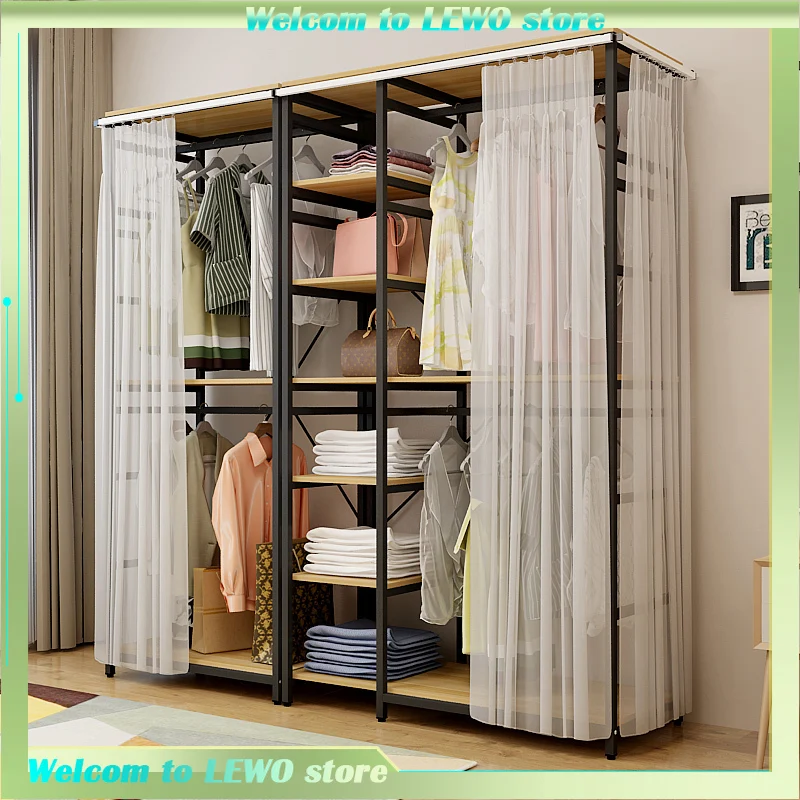 

Easy Assembly 50cm Thick Metal Double-Layer Wardrobe For Bedroom Rental Use Open Rack Floor-standing Display Cabinet