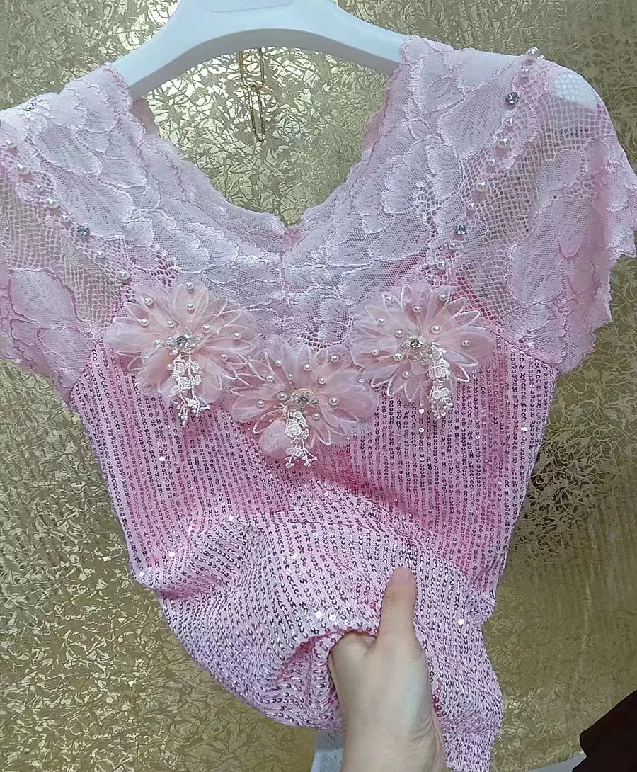 Luxury Beaded Tassels Stitch Pink Lace Sequined T Shirts For Women 2024 Summer Short Sleeve Tops Tees Tshirts Woman Clothing