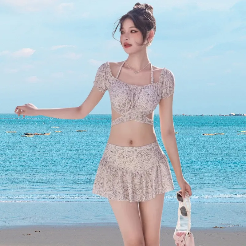 New women's swimsuit split fresh two-piece floral skirt style small bust push-up swimsuit