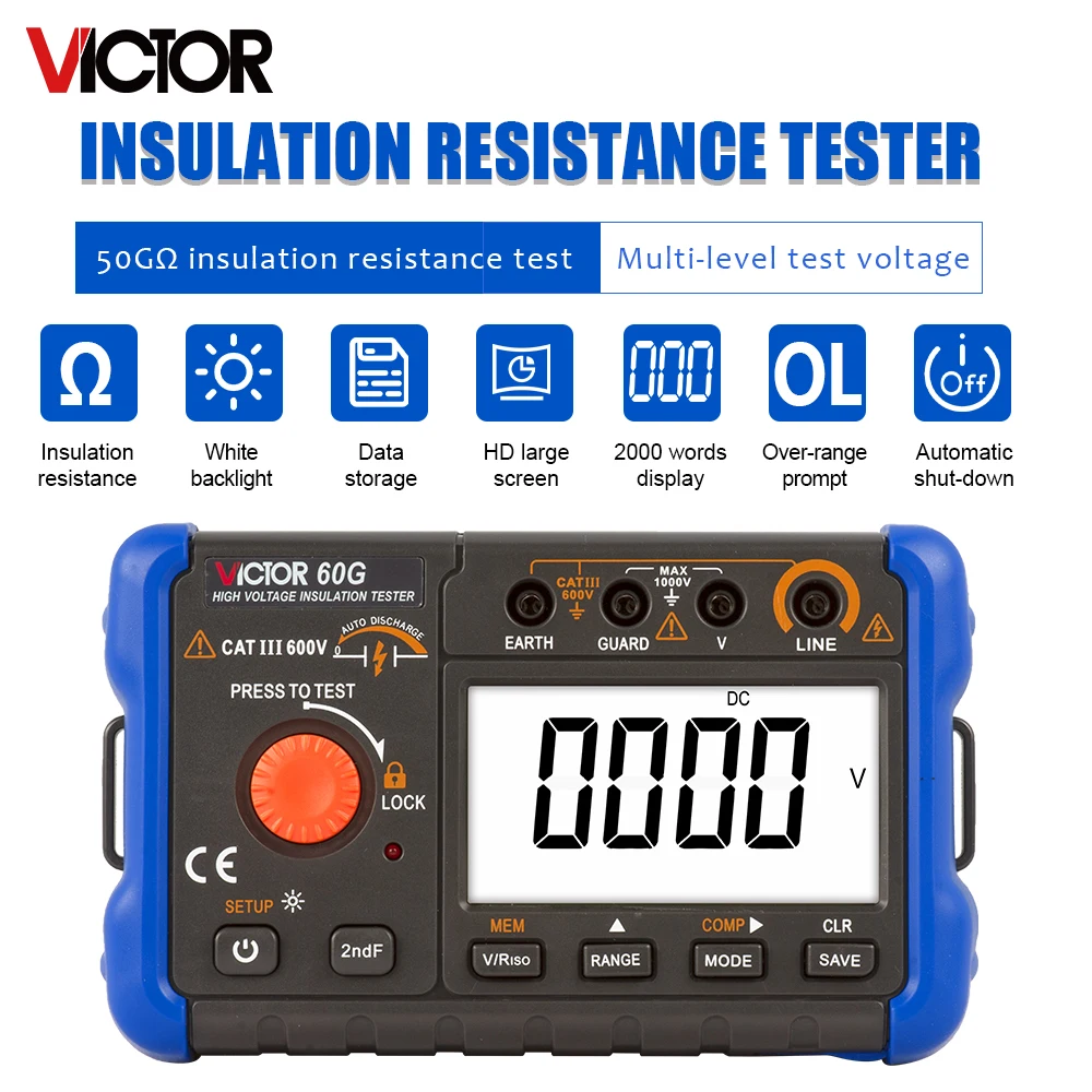 Ruoshui 60h شاشة الكريستال السائل اختبار العزل الرقمي 1000 فولت مع تسجيل البيانات Megohmmeter
