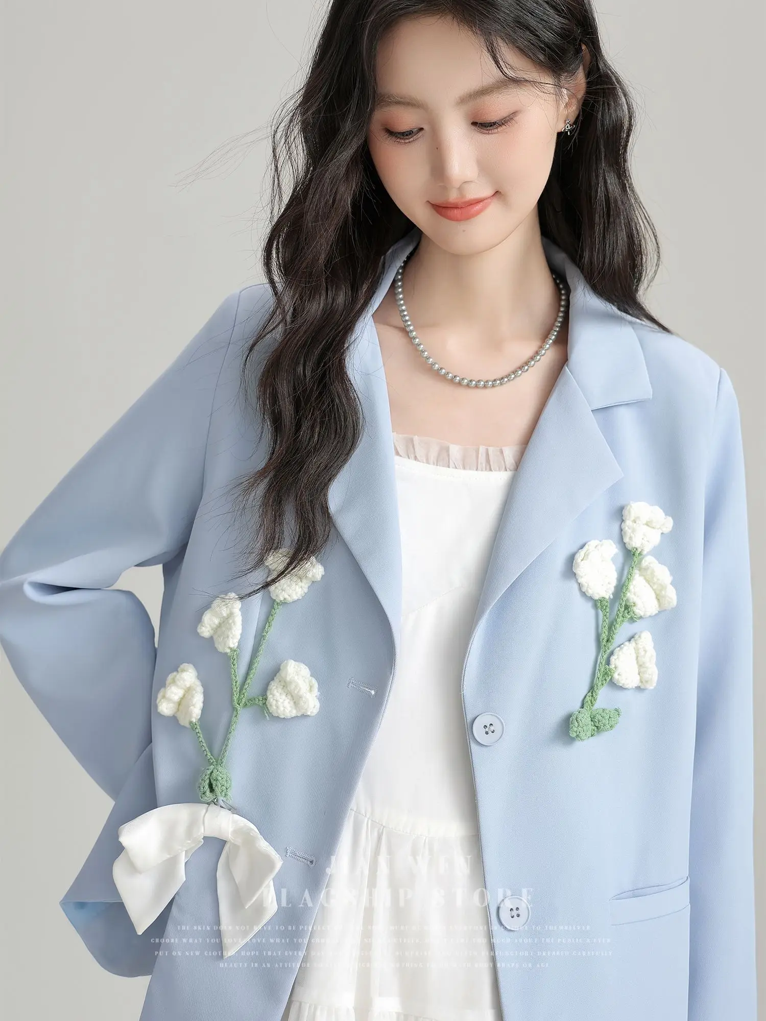 

Women Blazers 2026 Spring Autumn Coat New Blue Art Style Commuting Suit Coat Three Dimensional Flower Suit