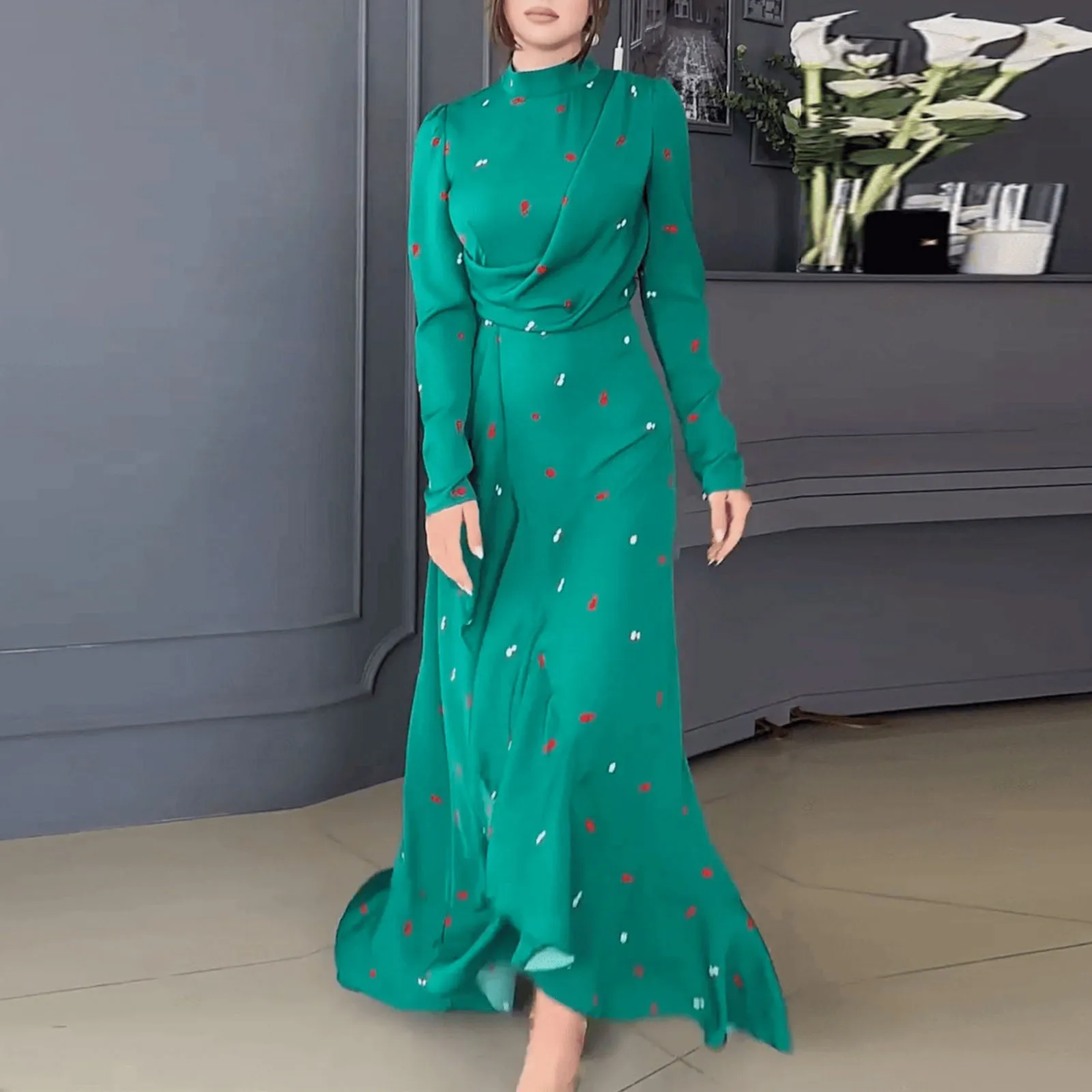 Vrouwen Eid Moslim Jurken Coltrui Print Ramadan Marokko Prachtige Feestjurk Kaftan Arab Vestidos Ruches Slim Fit Abaya