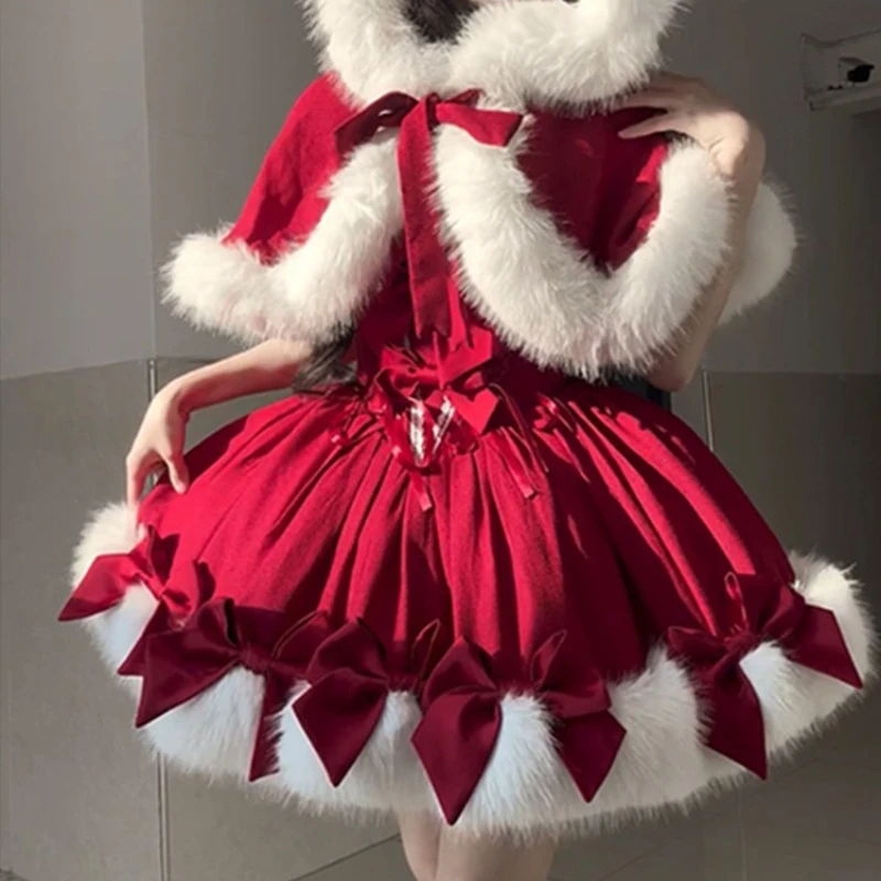 Christmas Red Lolita Dress Set,Elk Theme Hooded Cape with Puff Princess Skirt, 2 Piece Outfit for New Year Holiday Party Cosplay