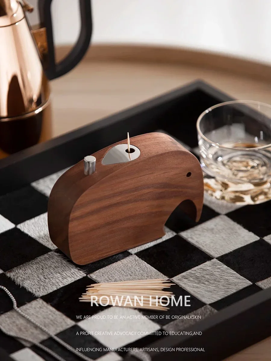 Creative Toothpick Holder Walnut Wood Toothpicks Box Push-type Cute Elephant Shape for Table Decorative Accessories