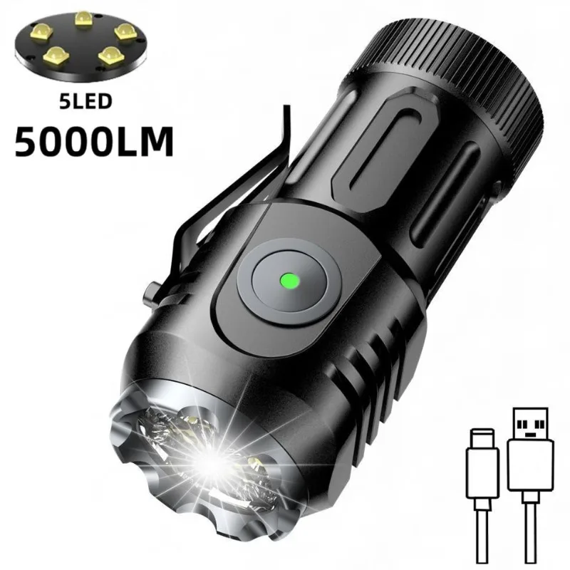 Multifunction 5*Wicks Mini Led Flashlight Usb Charging EDC Waterproof Aluminum Torch with Tail Magnet Cap Clip Portable Torch