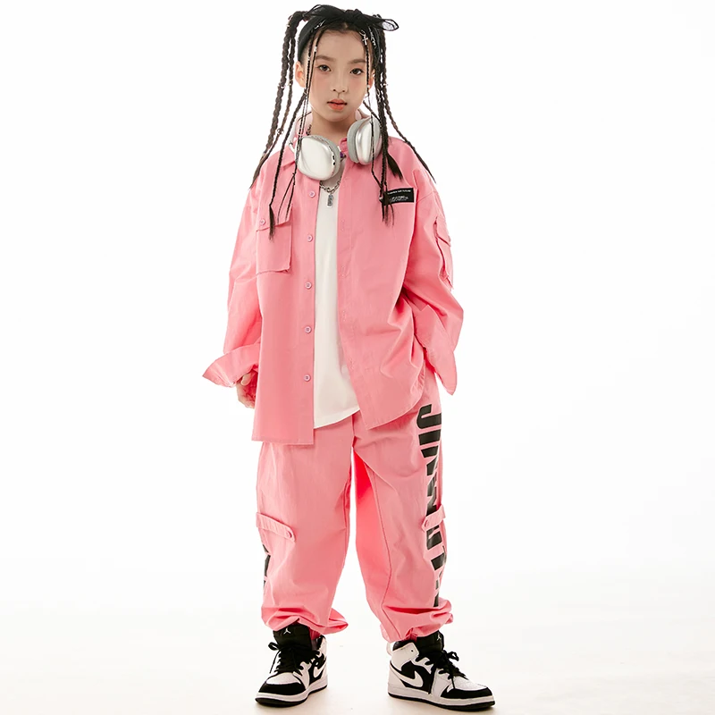 Girls Jazz Dance Costume Pink Long Sleeves Coat Pants Loose Hip Hop Suit Boys Street Dance Performance Wear Stage Clothes L11658