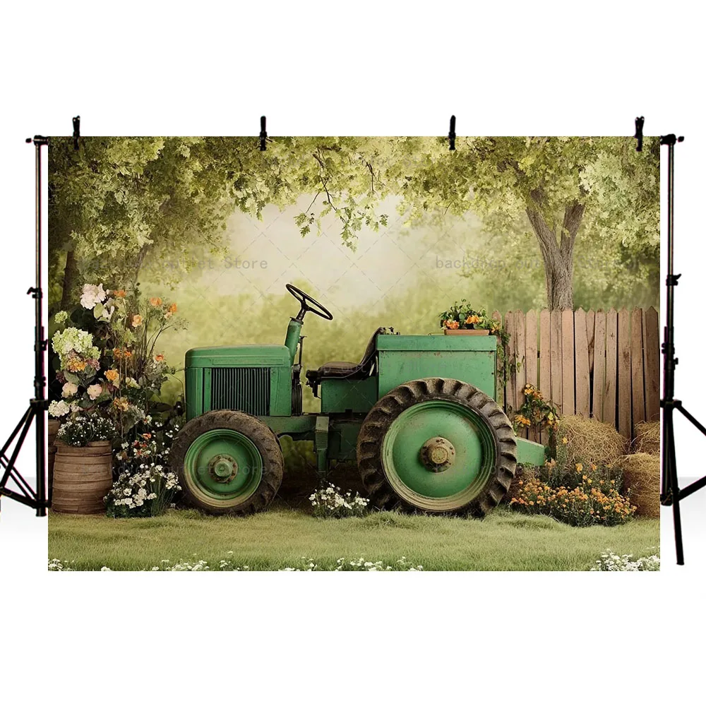 Mehofond Green Tractor Photography Backdrop Grass Farm Kids Farmyard Birthday Party Decor Portrait Photo Background Photo Prop