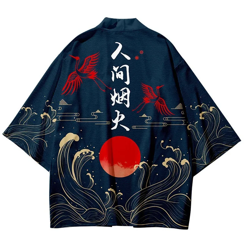 

Chinese Style Red Crane Print Koi Kimono Streetwear Haori Men Women Cardigan Boys Robe Japanese Anime Clothes