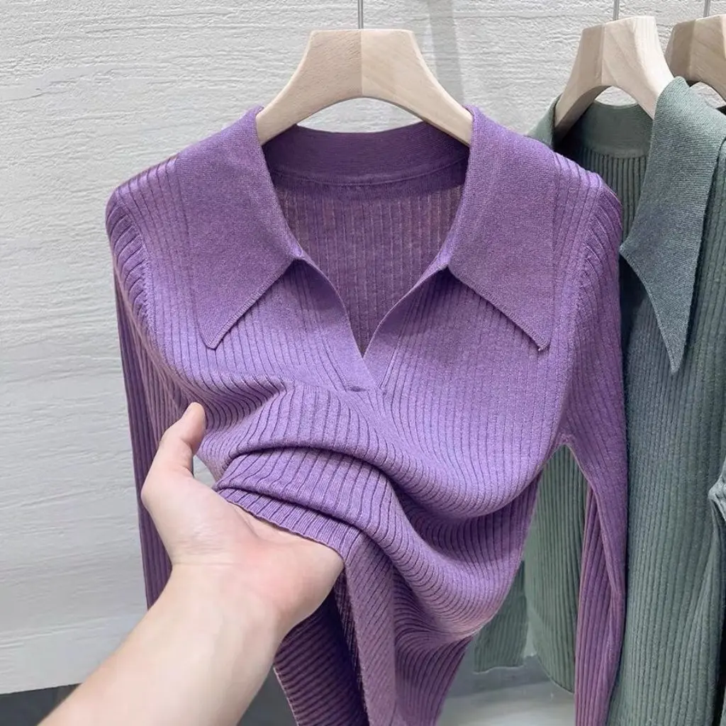 

Вязаный свитер с длинными рукавами в европейском стиле, облегающий женский топ с воротником, модный базовый слой, осенняя одежда, тонкая модель