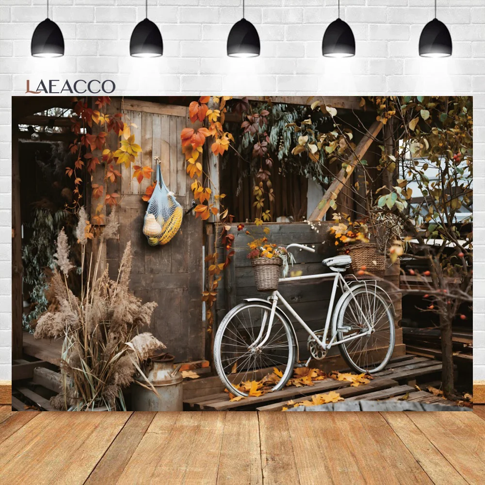 Laeacco Rustic Barn Wooden Wood House Fall Harvest Backdrop Maple Leaf Thanksgiving Adult Kids Portrait Photography Background