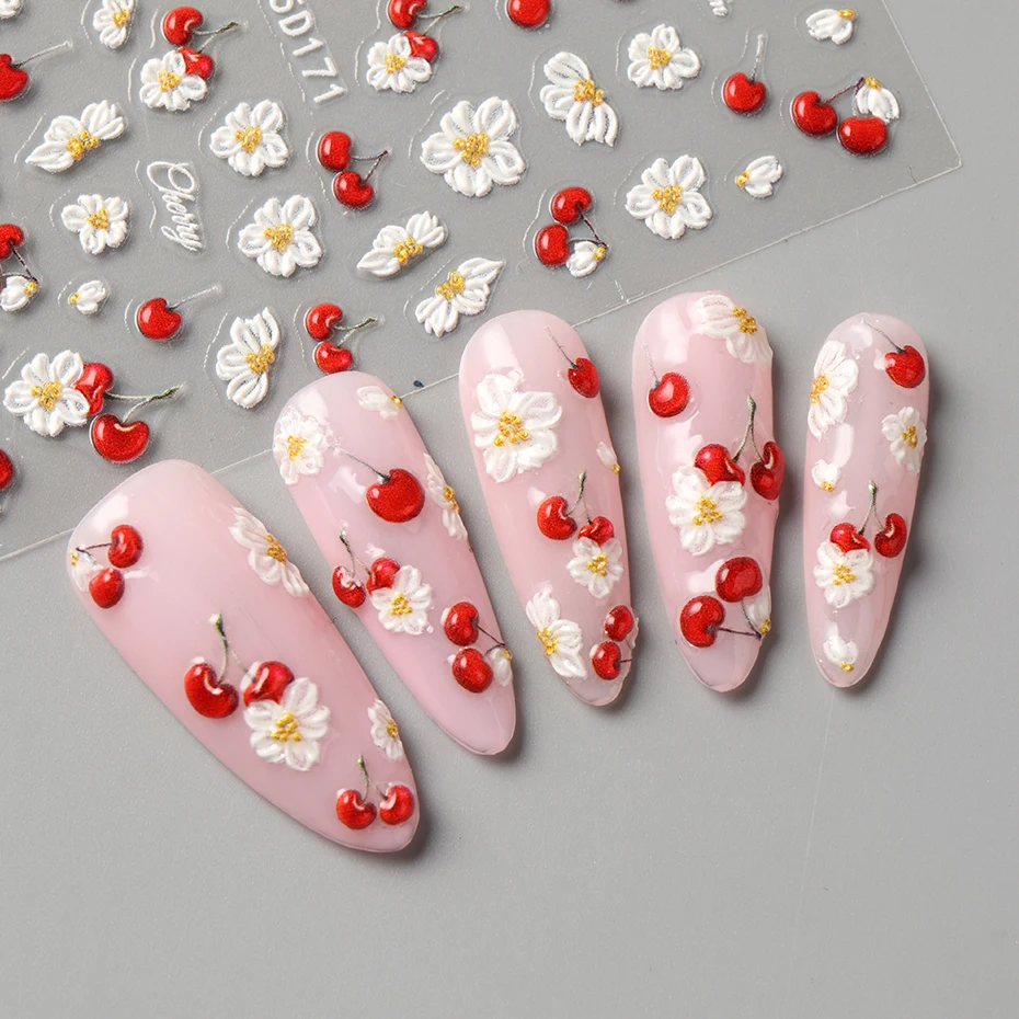 5D Geprägte Elegante Kirschfrucht-Nagelaufkleber Frühlings-Weiße Blumen Selbstklebende Nagelsticker Hochzeitssaison Nageldekoration – Detail 5