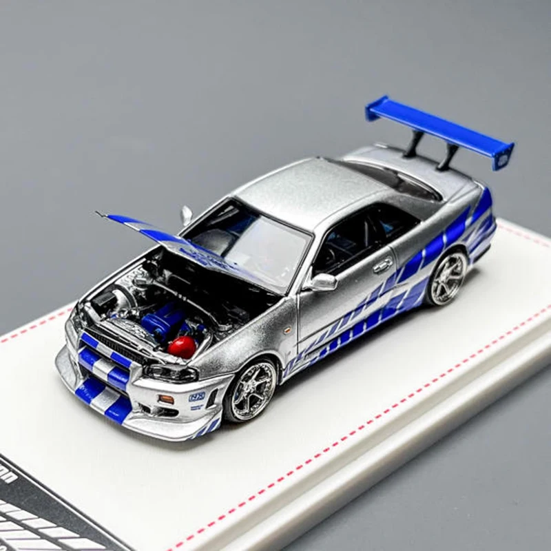 

FH 1:64 Skyline GTR R34 серебристо-синяя модель автомобиля из сплава для взрослых, статическая коллекция, украшенные праздничные подарки, игрушки