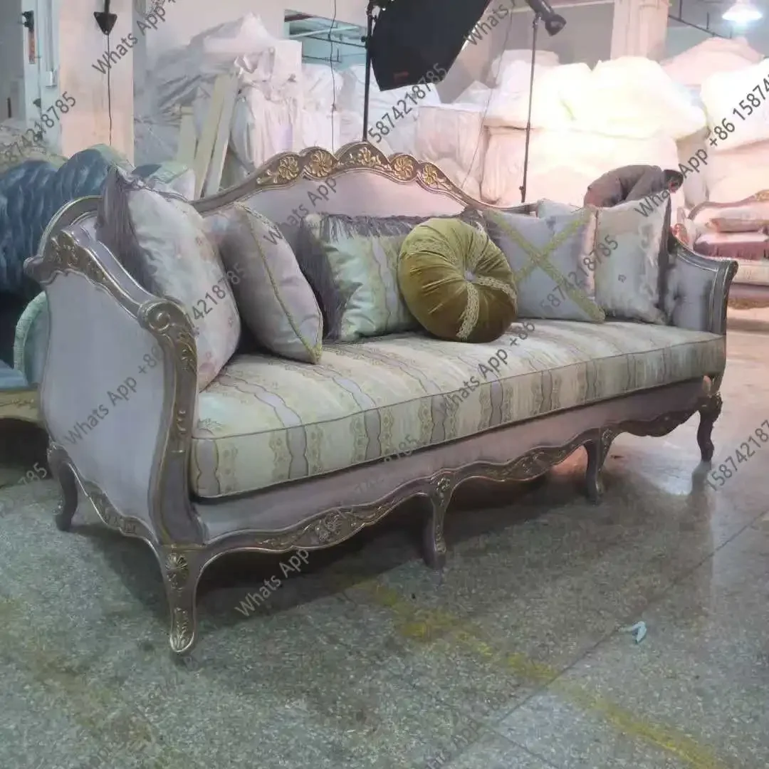 V69 Luxury French European-style Villa Living Room Solid Wood Sticker Gold Foil Carving Imported Light Purple Down Sofa