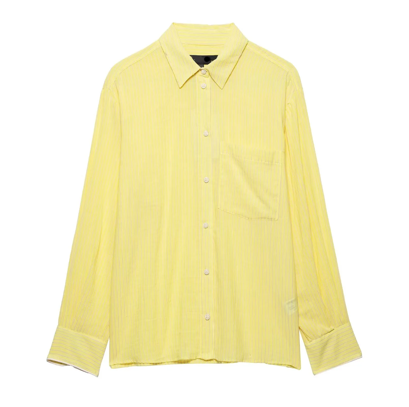 

ZBZA Women's Striped Print Shirt Loose Simple Lapel Long-sleeved Single-breasted Pocket Commuting Blouse Spring Summer Chic Top