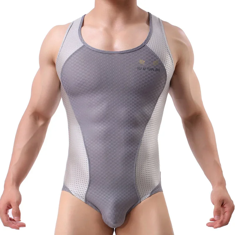 Mens Bodysuits Sexy Mesh Breathable One-piece Undershirts Vest Jumpsuits Fitness Wrestling Singlet Gym Sport Leotard Men Rompers