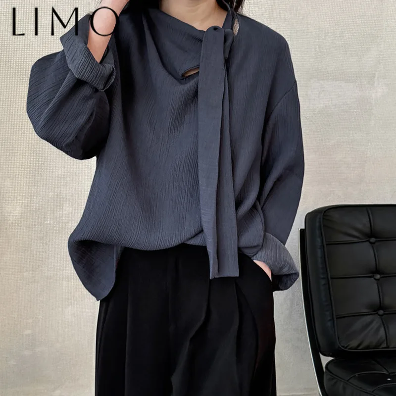

LIMO Design Women's Vintage Solid Color Pullover Blouse Ribbon Detail Textured Elegant Minimalist Casual Chic Premium Quality