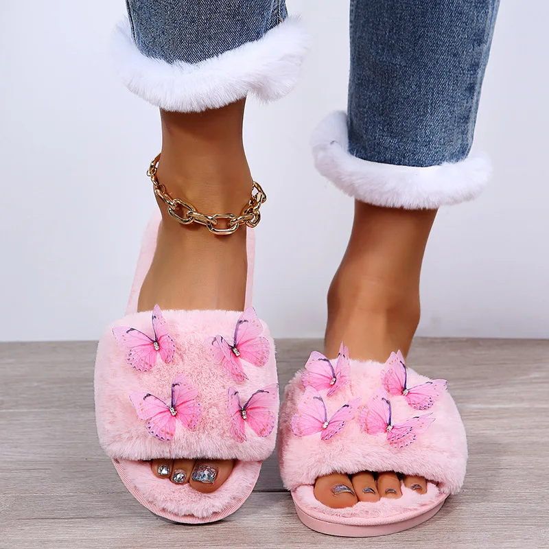 Fashionable Autumn and Winter Indoor Warm Plush Slippers, Cotton Slippers for Women's Home, Cute Plush Butterfly Floor Slippers