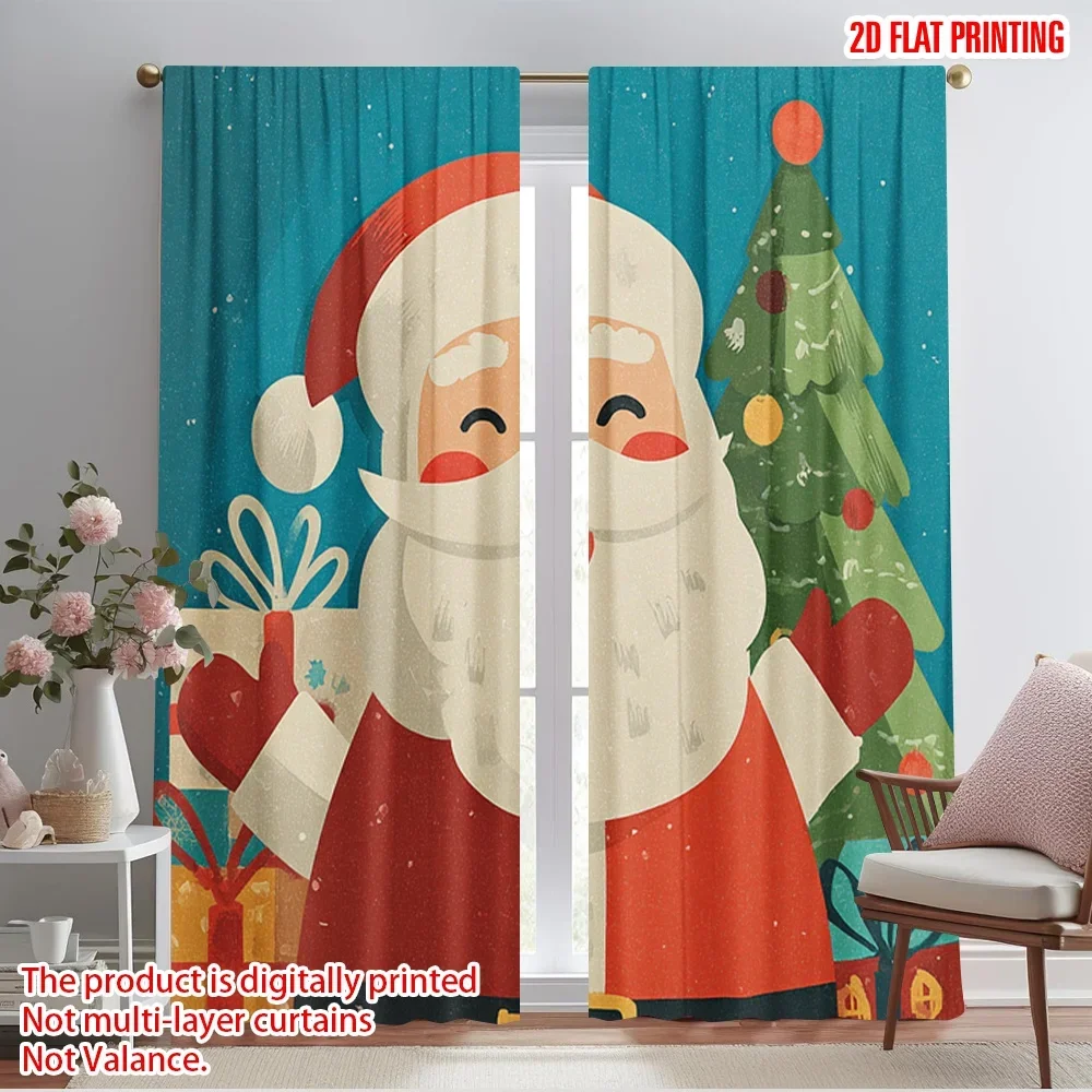 2pcs,2D plane printing Light Filtering Curtains Santa Claus and Tree Versatile Durable Polyester (without rod) All Seasons Use
