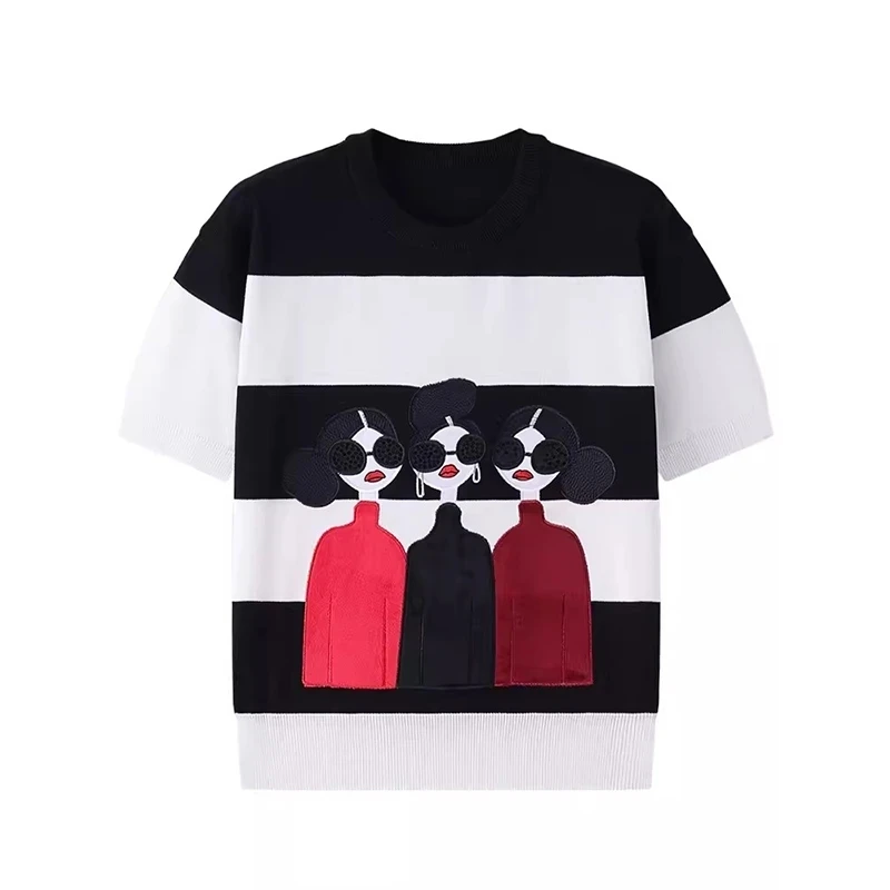 2024 Summer Embroidery Cartoon Black Striped Sweater Women T-shirts Chic O-neck Short Sleeve Knitted Tops Ladies Jumpers Tees