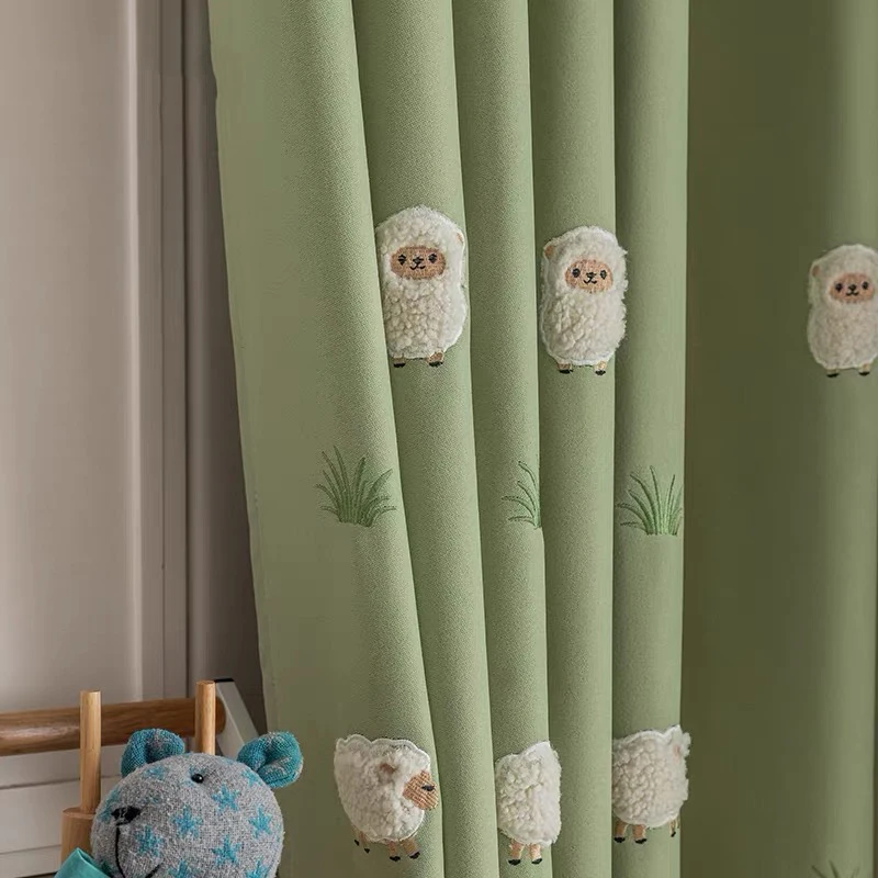Cartoon Green Animal Lamb Embroidery Kids Bedroom Privacy Curtains ,Boys Girls Room Thickened Chenille Blackout Windows Drapes