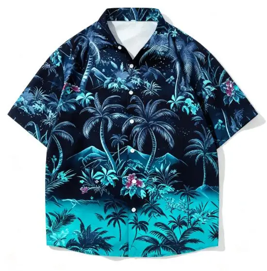 Men Night Tropical Palm Tree Floral Print Short Sleeve Shirt Lapel Button‑up Vacation Casual Top
