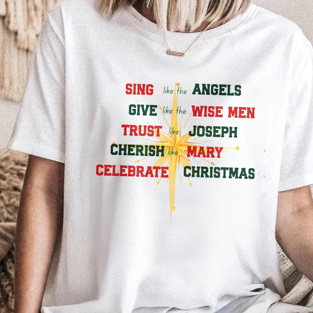 Christian Christmas Tshirt Faith Word Art Holiday Tops Sing Give Trust Cherish Celebrate Print Tee Religious Jesus Nativity Gift