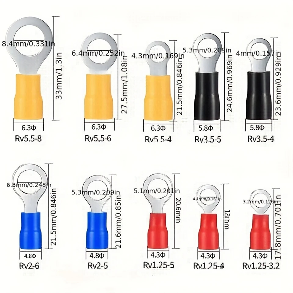 102PCS Insulated Ring Terminals Kit Copper Crimp Connectors O-Type Wire Lugs Assortment Electrical Wire Terminals RV Set