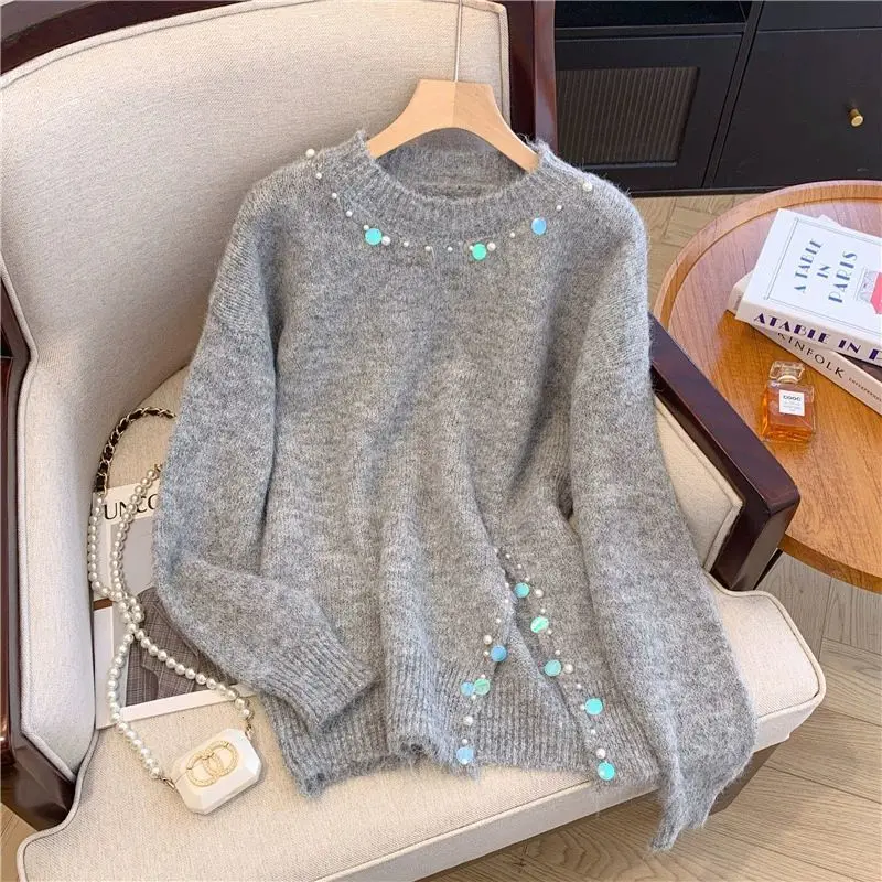 

Gray Pearl Pullover Sweater for Women in Autumn and Winter 2025 New Loose Casual Unique Long-sleeved Knitted Sweater