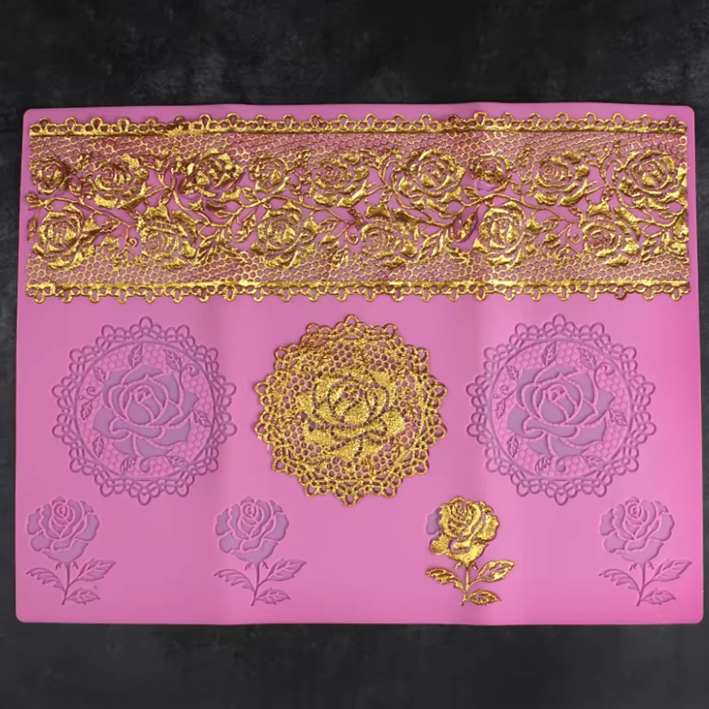 Large Size Fondant Lace Silicone Mat Rose Pattern Impression Lace Mold Rose Vine,Round Lace Rose Flowers Lace Mat Wedding Cake