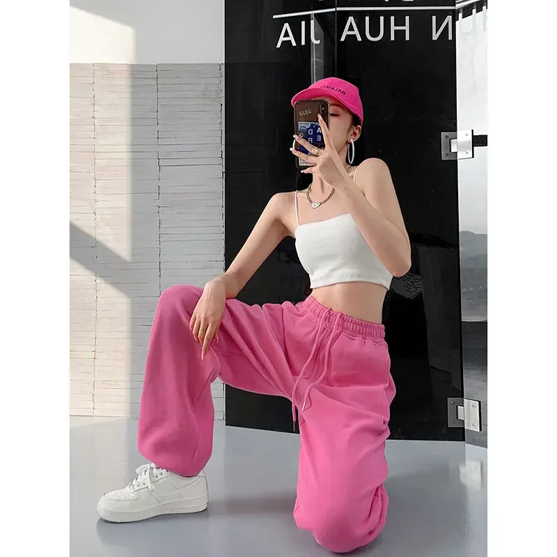 Drawstring Fitness Women\'s Pants Clothing Jogging Sports Elastic Waist Harem Trousers for Woman Pink Baggy Sweatpants Loose G