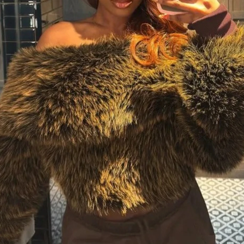 Faux Fur Pullover Jackets Women Fashion Lapel Skew Collar Off Shoulder Long Sleeve Coats 2025 Fall Winter Warm Furry Crop Tops